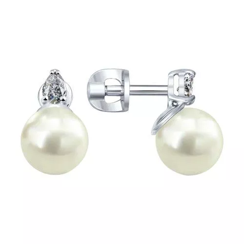 Серьги-пусеты из серебра с жемчугом и фианитами