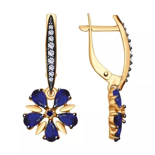 Серьги из серебра с синими корунд (синт.) и фианитами