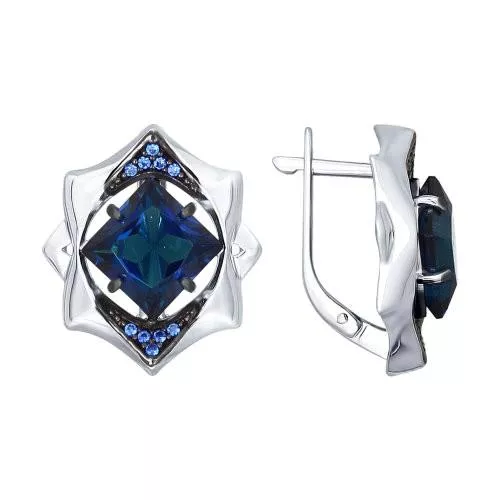 Серьги из серебра с синими ситаллами и фианитами