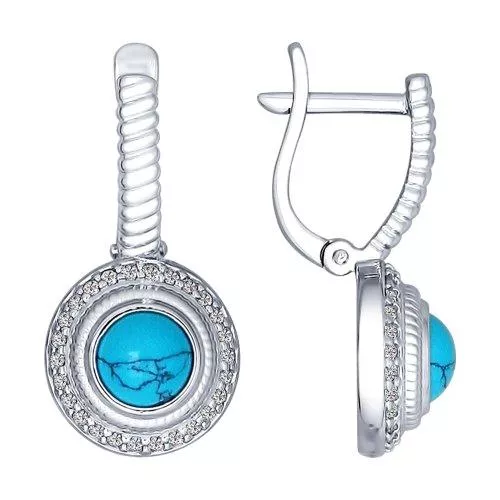 Серьги из серебра с бирюзой (синт.) и фианитами