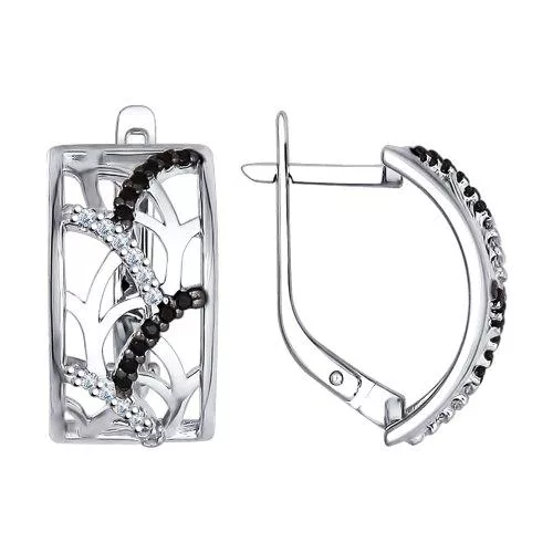 Серьги из серебра с бесцветными и чёрными фианитами