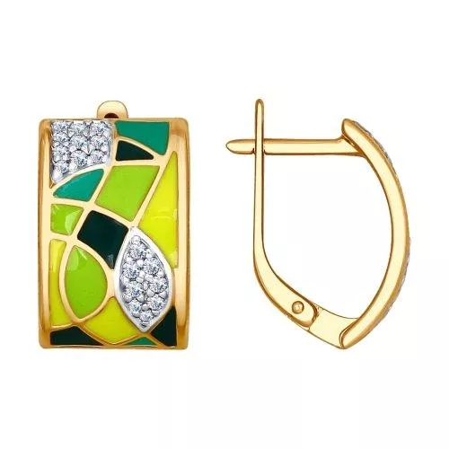 Серьги из золочёного серебра с эмалью с фианитами