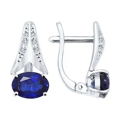 Серьги из серебра с корундами сапфировыми (синт.) и фианитами