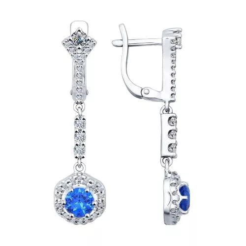 Серьги длинные из серебра с синими фианитами