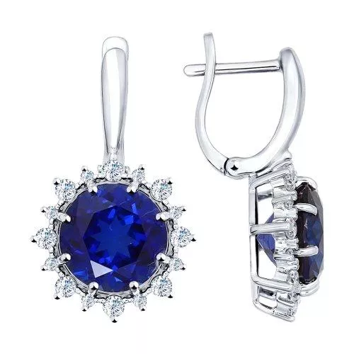 Серьги из серебра с корундами сапфировыми (синт.) и фианитами