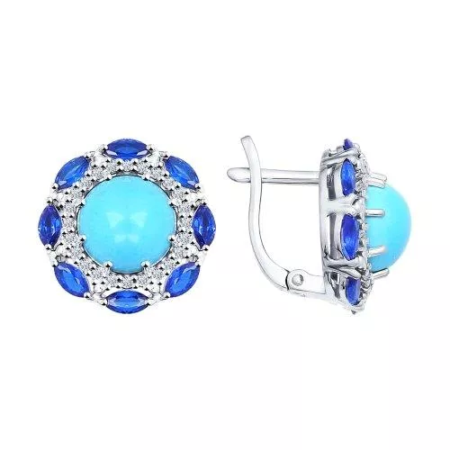 Серьги из серебра с бирюзой синтетической и синими фианитами