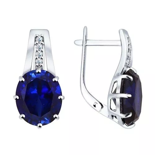 Серьги из серебра с корундами сапфировыми (синт.) и фианитами
