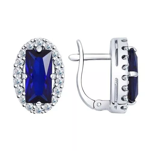 Серьги из серебра с корундами сапфировыми (синт.) и фианитами