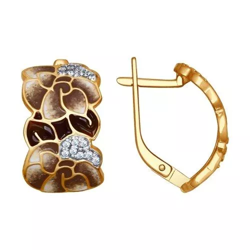 Серьги из золочёного серебра с эмалью с фианитами