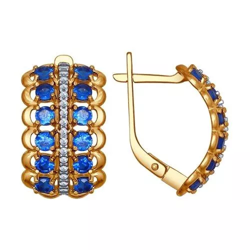 Серьги из золочёного серебра с бесцветными и синими фианитами