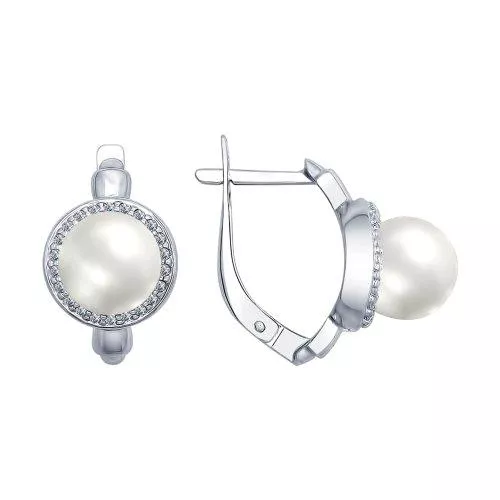 Серьги из серебра с жемчугом и фианитами