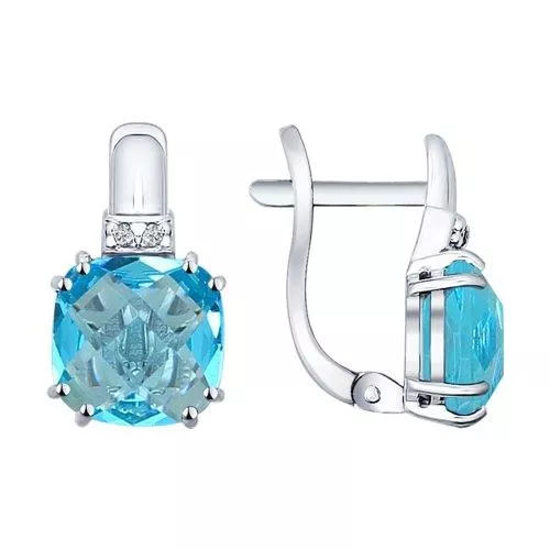 Серьги из серебра с голубыми стеклянными вставками и фианитами