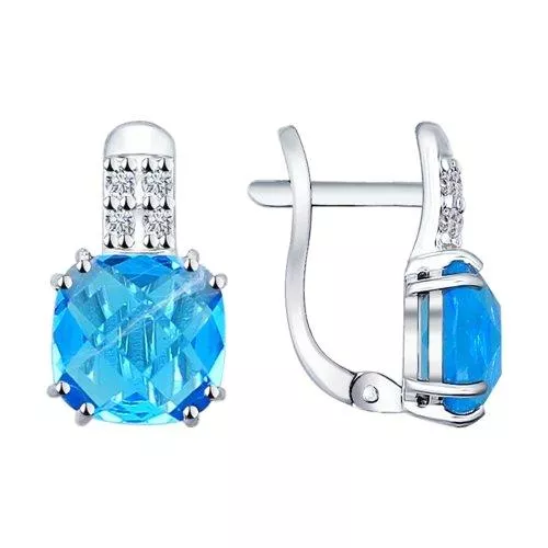 Серьги из серебра с голубыми стеклянными вставками и фианитами