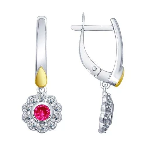 Серьги из серебра с красными корундами (синт.) и фианитами