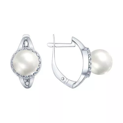 Серьги из серебра с жемчугом и фианитами