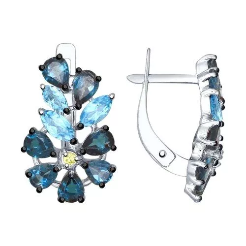 Серьги из серебра с голубыми и синими топазами и жёлтыми фианитами