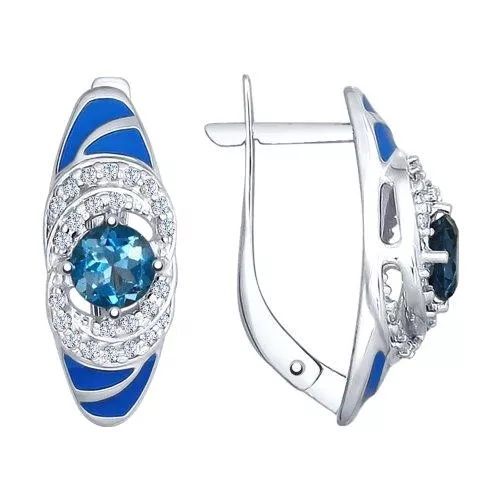 Серьги из серебра с эмалью с синими топазами и фианитами