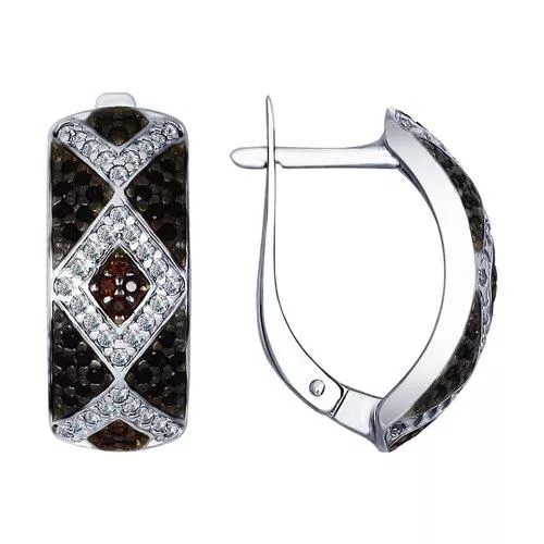 Серьги из серебра с бесцветными, коричневыми и чёрными фианитами