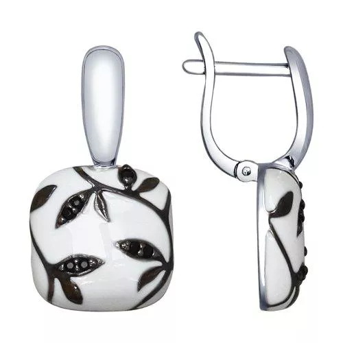 Серьги из серебра с эмалью с чёрными фианитами