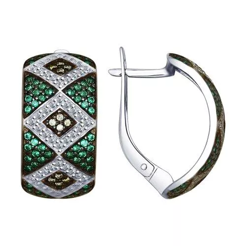 Серьги из серебра с бесцветными, жёлтыми и зелеными фианитами