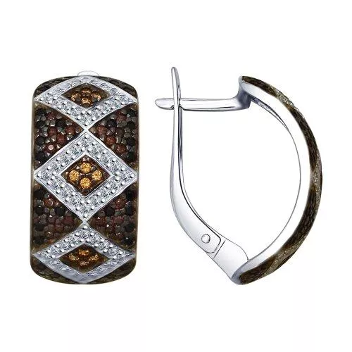 Серьги из серебра с бесцветными, жёлтыми, коричневыми и чёрными фианитами