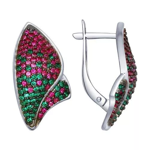 Серьги из серебра с зелеными и красными фианитами