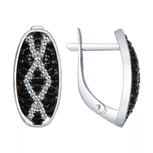 Серьги из серебра с бесцветными и чёрными фианитами