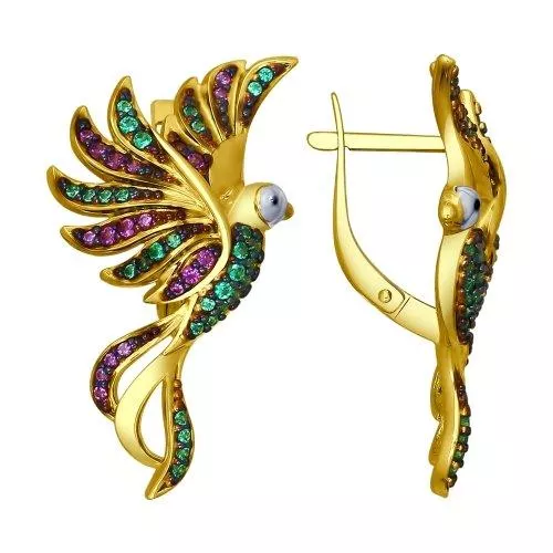 Серьги из золочёного серебра с зелеными и сиреневыми фианитами