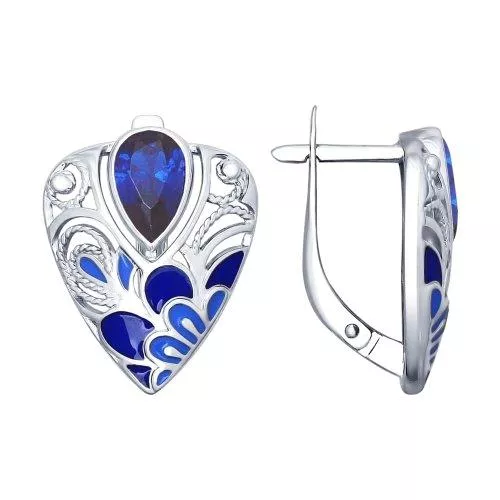 Серьги из серебра с эмалью с синими фианитами