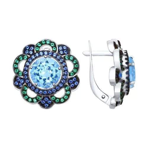 Серьги из серебра с топазами и зелеными и синими фианитами