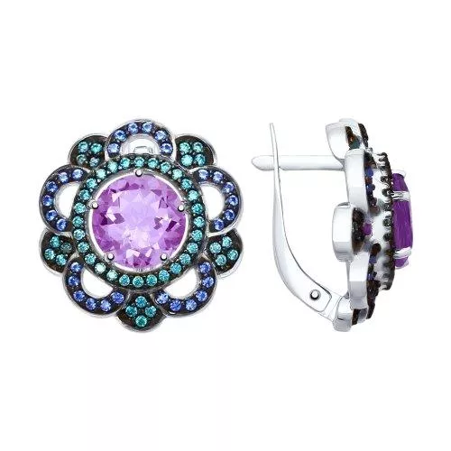 Серьги из серебра с аметистами и зелеными и синими фианитами