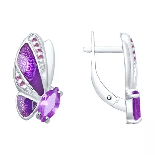 Серьги из серебра с эмалью и аметистами и фианитами