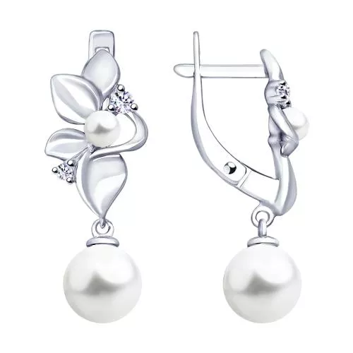 Серьги из серебра с жемчугом и фианитами