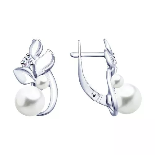Серьги из серебра с жемчугом и фианитами