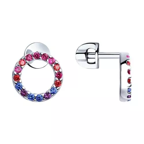 Серьги из серебра с красными корунд (синт.) и фианитами