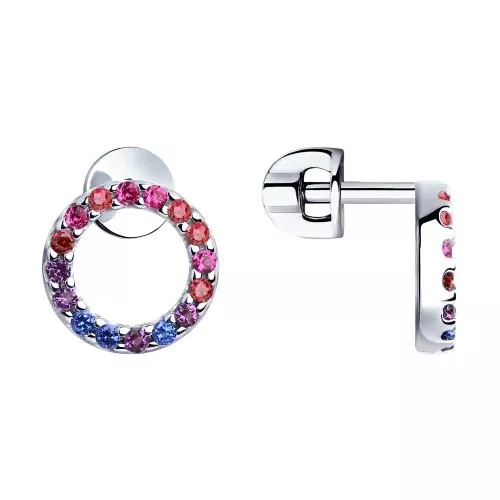 Серьги из серебра с красными корунд (синт.) и фианитами