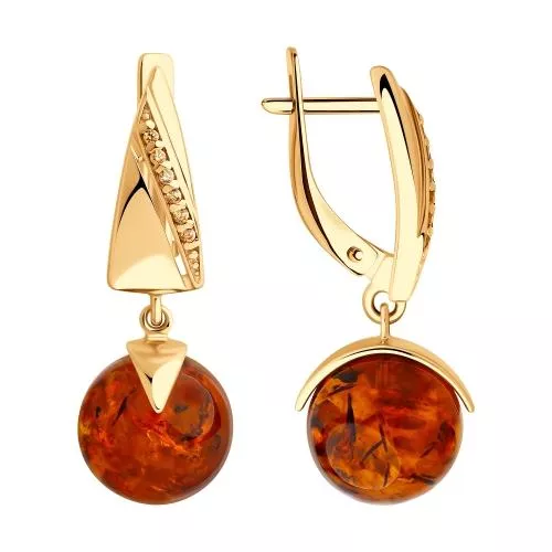 Серьги из золочёного серебра с янтарём и фианитами