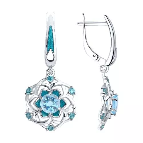 Серьги из серебра с эмалью и топазами и фианитами