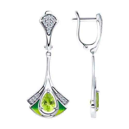 Серьги из серебра с эмалью и хризолитами и фианитами