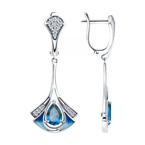 Серьги из серебра с эмалью и синими топазами и фианитами