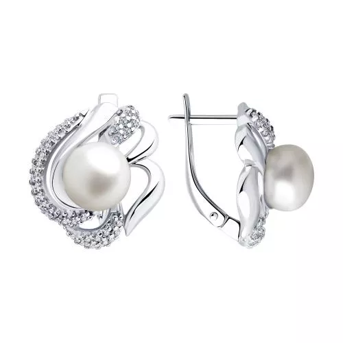 Серьги из серебра с жемчугом и фианитами