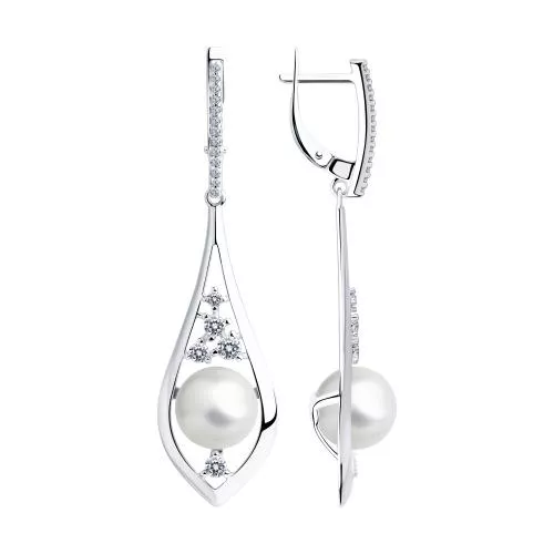 Серьги из серебра с жемчугом и фианитами