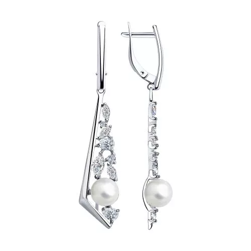 Серьги из серебра с жемчугом и фианитами