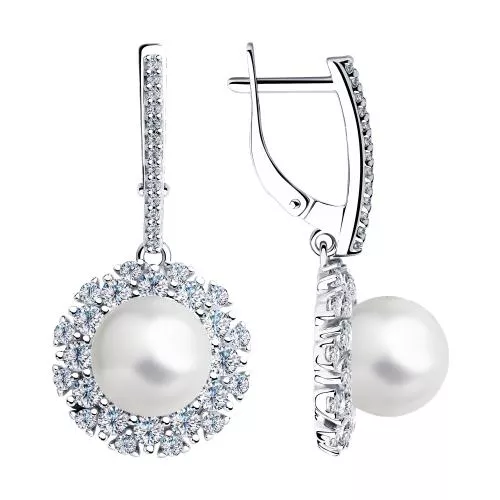 Серьги из серебра с жемчугом и фианитами