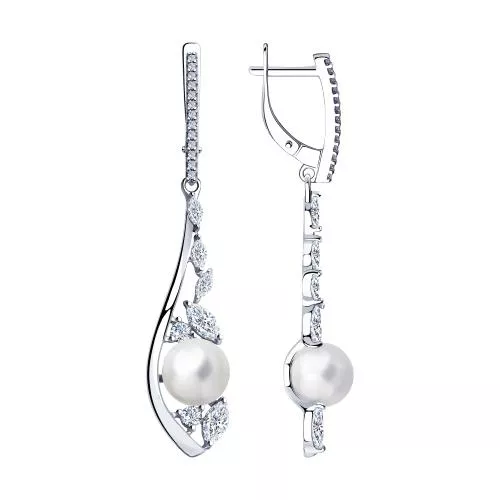 Серьги из серебра с жемчугом и фианитами