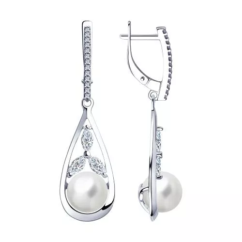 Серьги из серебра с жемчугом и фианитами