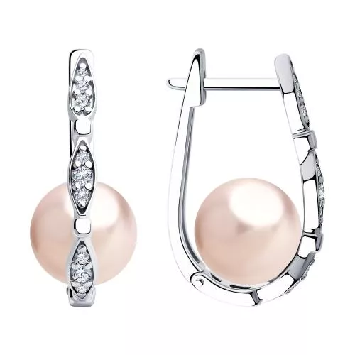 Серьги из серебра с розовыми жемчугом Swarovski и фианитами