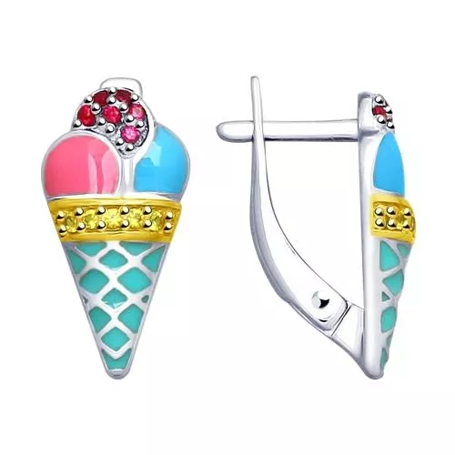 Серьги «Мороженое» с эмалью и фианитами
