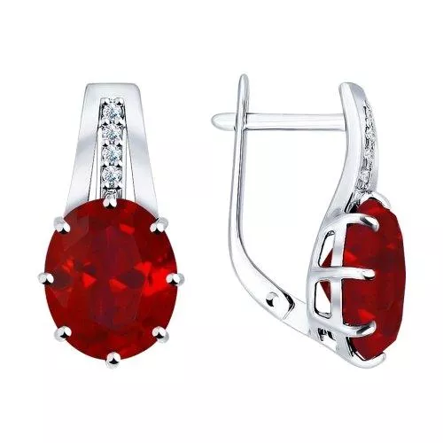 Серьги из серебра с корундами рубиновыми (синт.) и фианитами
