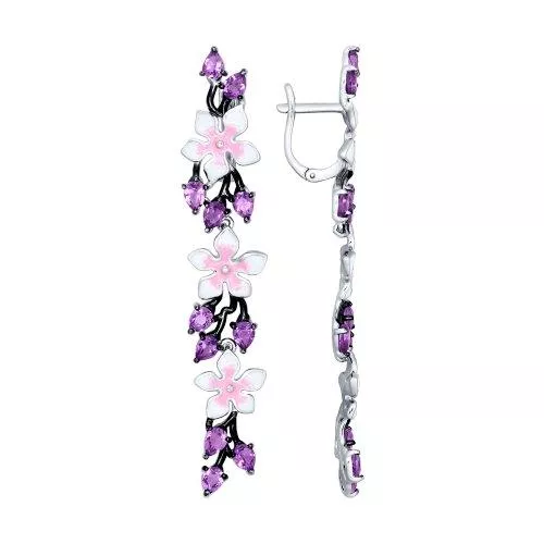 Серьги длинные из серебра с эмалью с аметистами